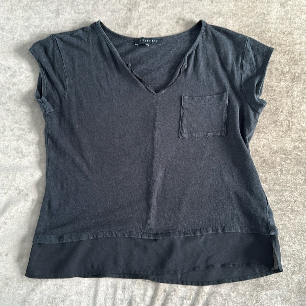 sanctuary t shirt. Sheer detailing at hem. Cap sleeves. Color-black. Size-small